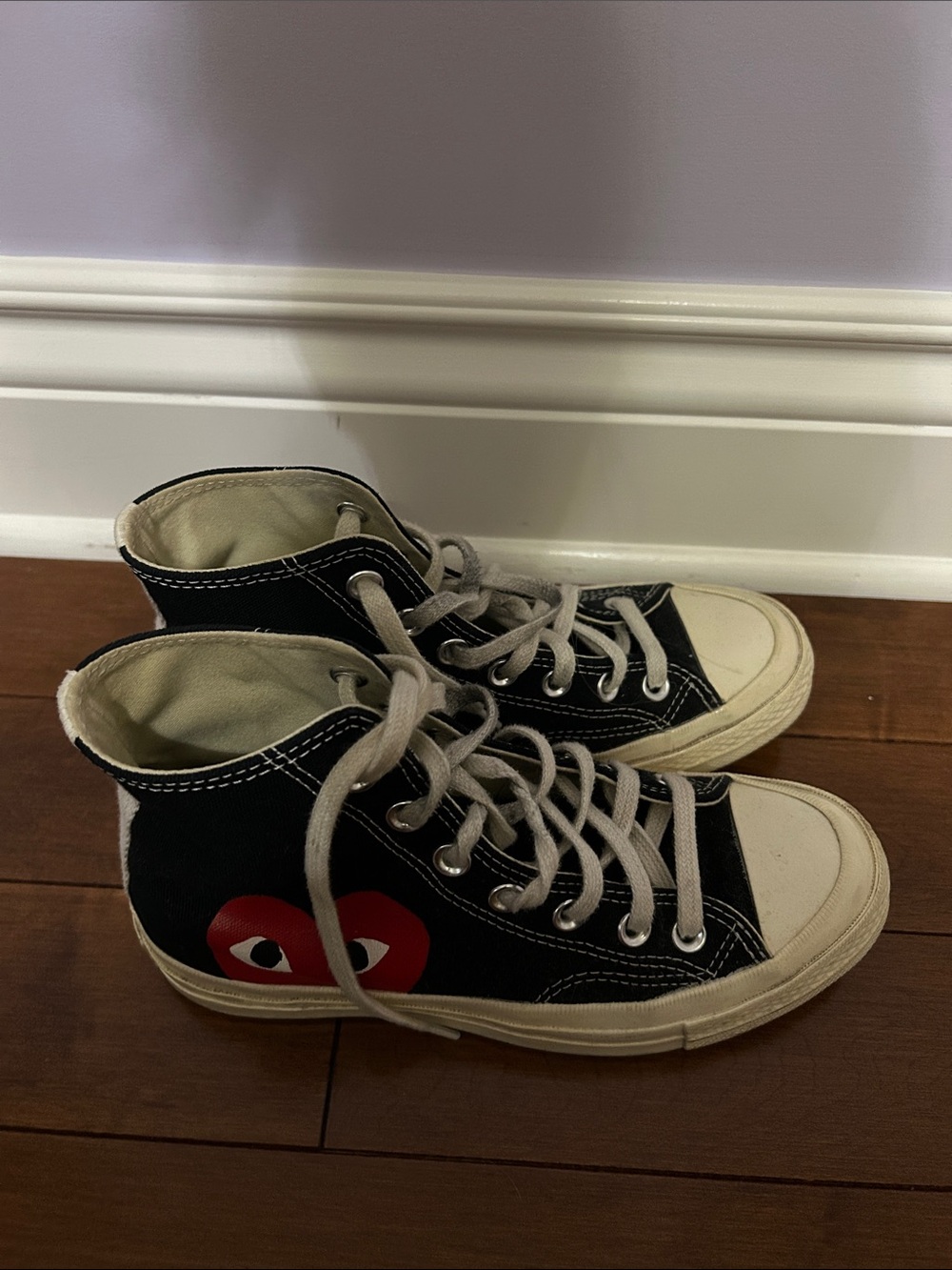 Black High-Top Canvas Sneakers with Red Heart Detail - Comme des Garçons